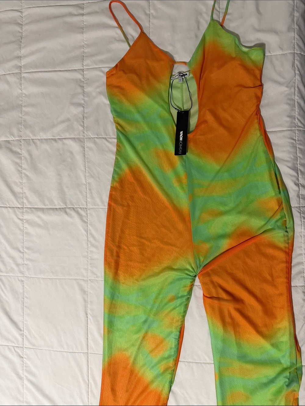 Fashion Nova Orange & Green Tie-Dye Spaghetti Strap Jumpsuit